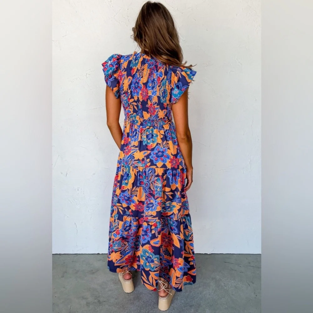 Dark Blue Boho Floral V Neck Ruffle Tiered Long Dress NWT - Picture 2 of 5